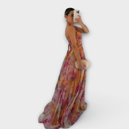 Annai | Rosa Mesh-Maxikleid mit Blütenmuster