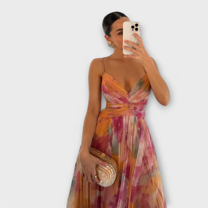 Annai | Rosa Mesh-Maxikleid mit Blütenmuster