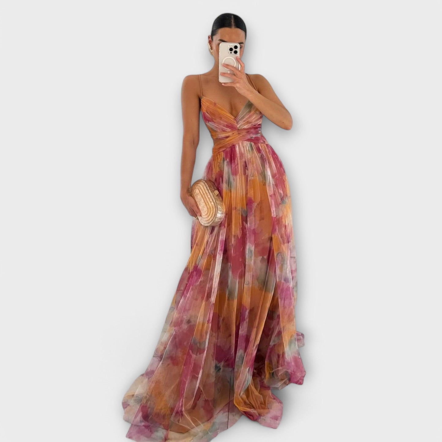 Annai | Rosa Mesh-Maxikleid mit Blütenmuster