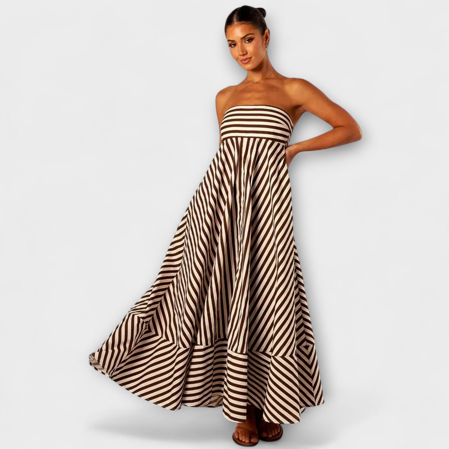 Selina | Beige-schwarzes gestreiftes Rüschen-Maxikleid
