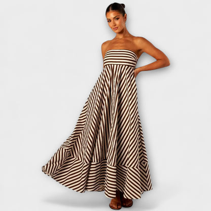 Selina | Beige-schwarzes gestreiftes Rüschen-Maxikleid