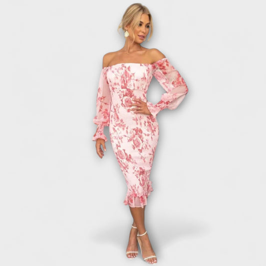 Dahlia | Rosa Off-Shoulder-Midikleid mit Blütenmuster