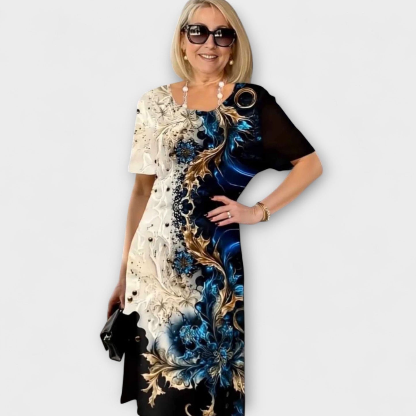 Barbara | Schwarz-blaues Kleid mit Sommerblütenmuster