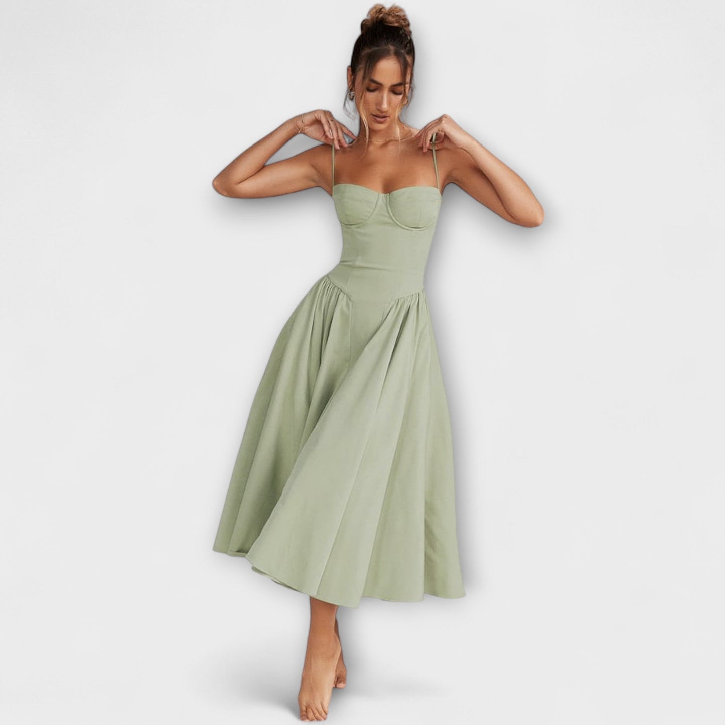 Rosalie - Salbeigrünes ärmelloses Korsettkleid