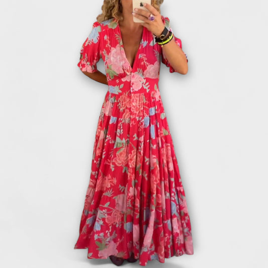 Catrisa | Rotes Maxikleid mit Blütenmuster und V-Ausschnitt