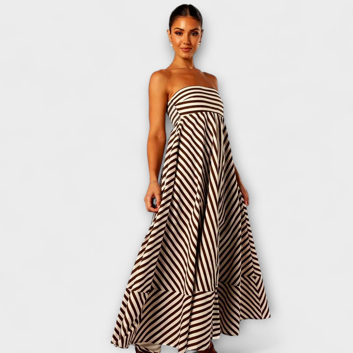 Selina | Beige-schwarzes gestreiftes Rüschen-Maxikleid