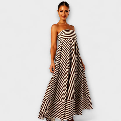 Selina | Beige-schwarzes gestreiftes Rüschen-Maxikleid