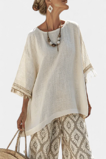 Eduarda - Cremefarbenes elegantes Boho-Chic-Set mit Ikat-Muster