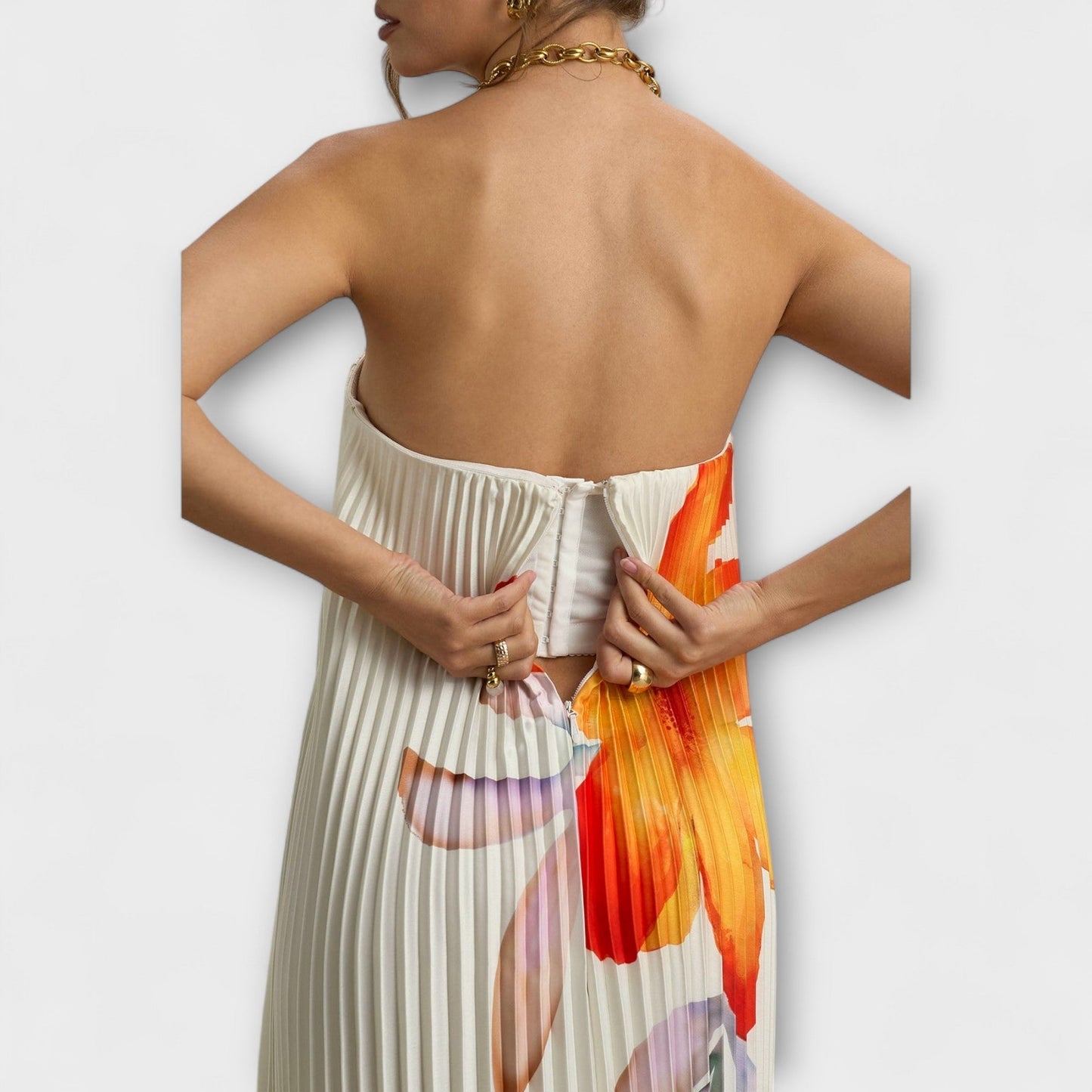 Michelle - Cremefarbenes Maxikleid mit orangem Blütenmuster