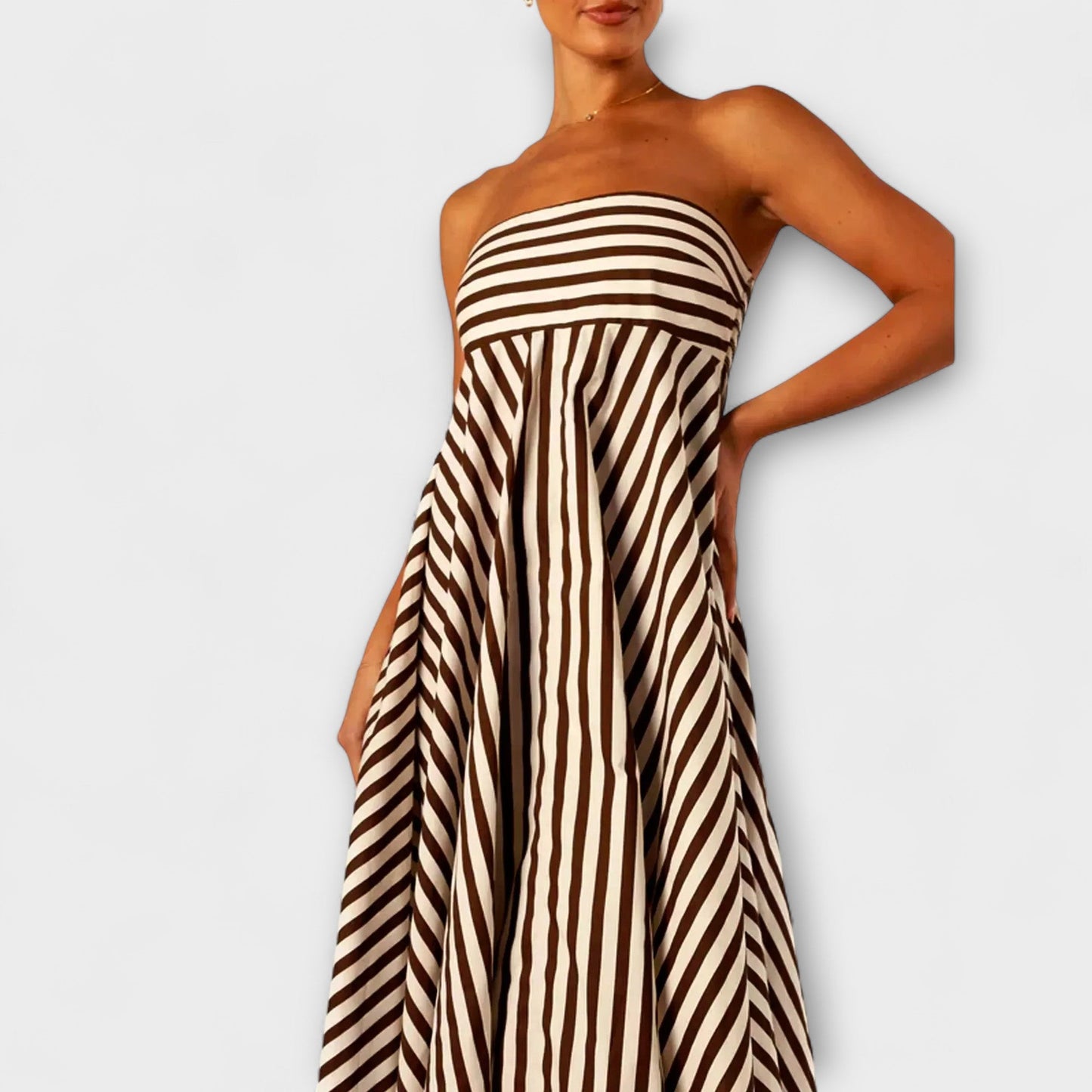 Selina | Beige-schwarzes gestreiftes Rüschen-Maxikleid