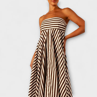 Selina | Beige-schwarzes gestreiftes Rüschen-Maxikleid