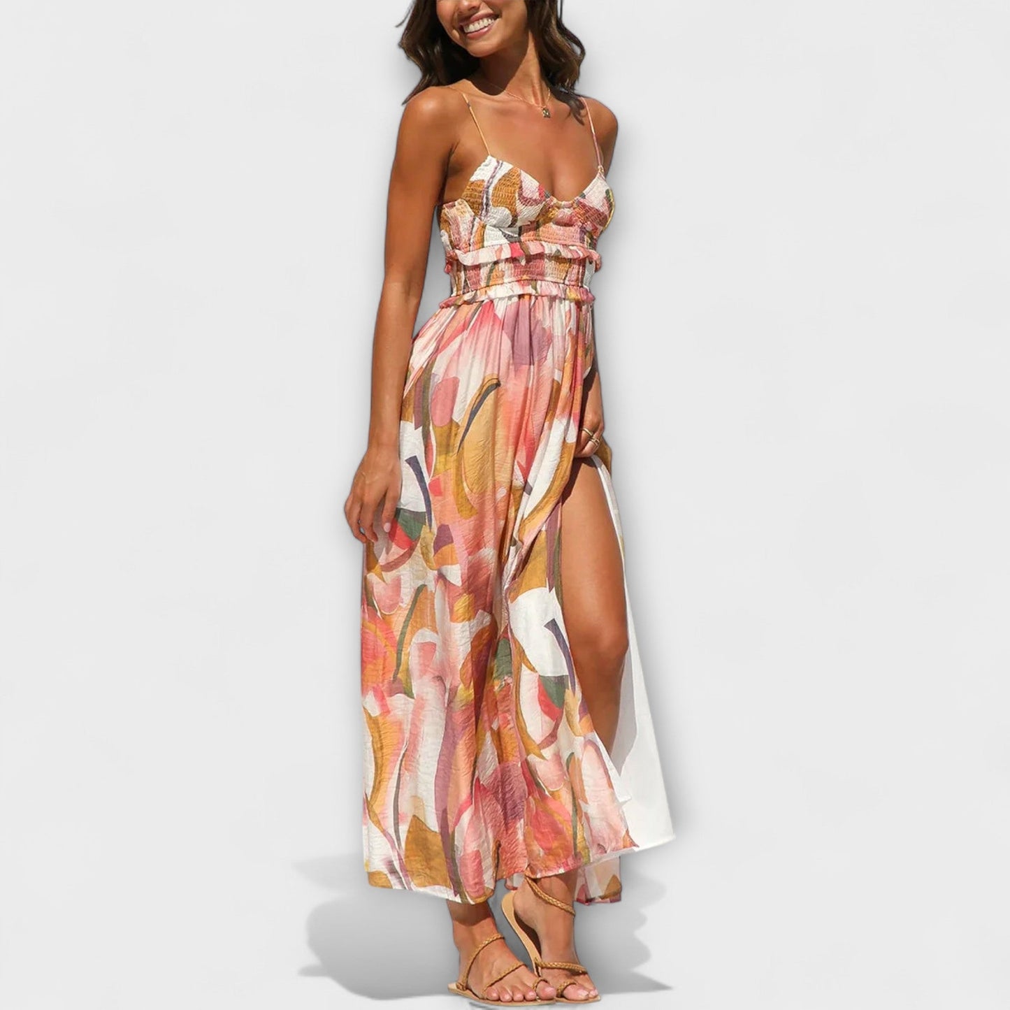 Annalise | Buntes bedrucktes Maxikleid mit Schlitz