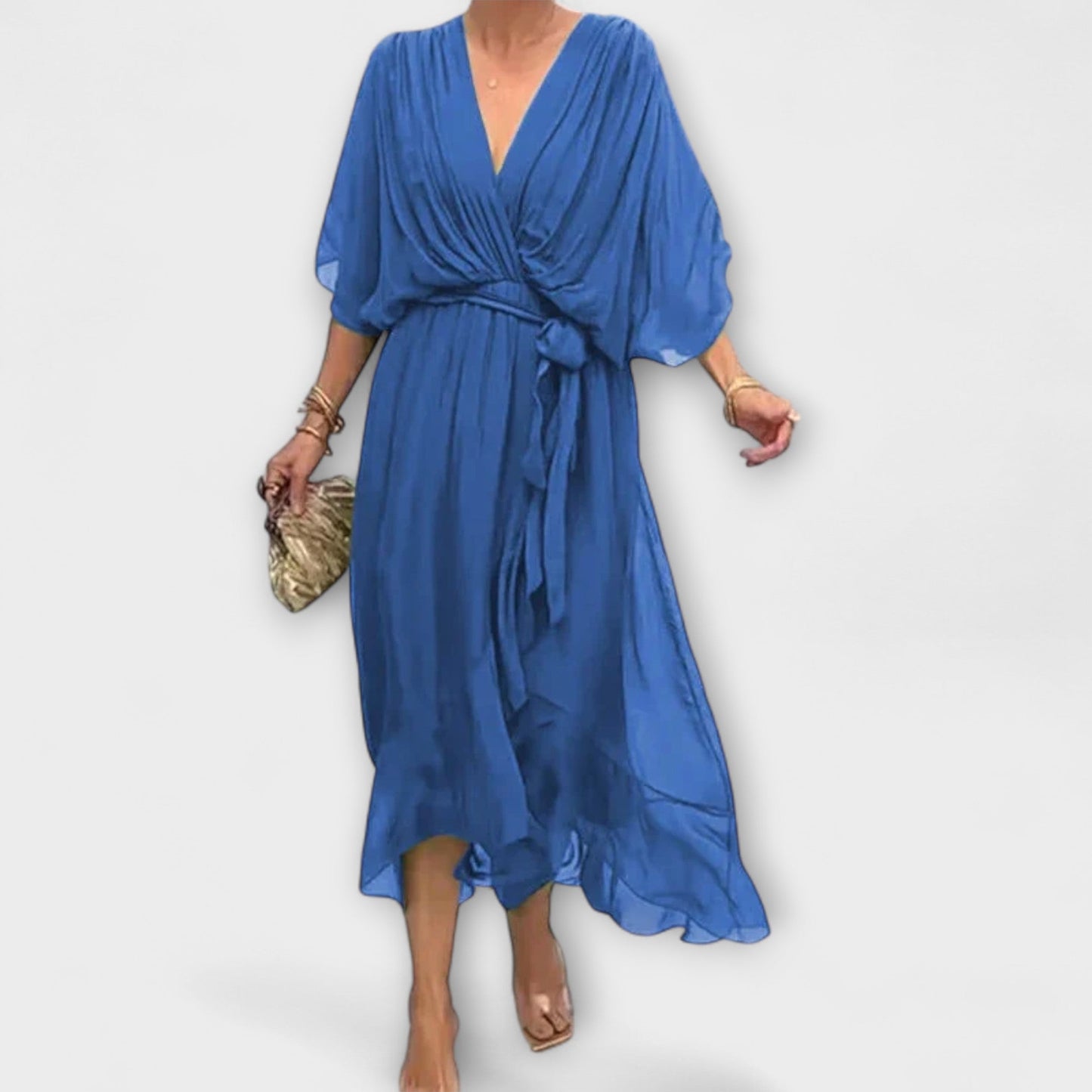 Amoura | Olivgrünes Chiffonkleid mit V-Ausschnitt