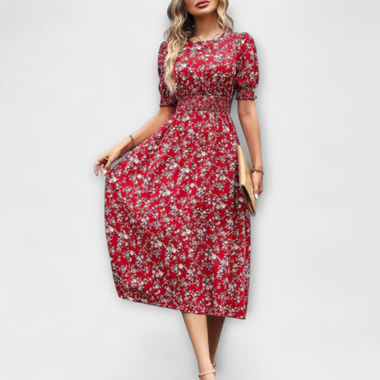 Amelia | Rotes Kleid mit Rundhalsausschnitt und Blümchen