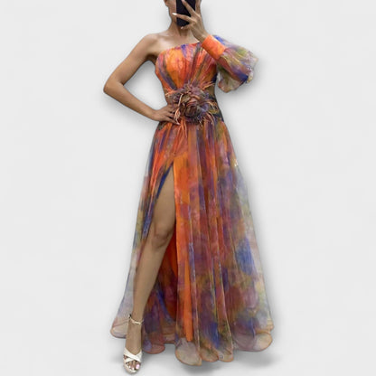 Minna - Lila asymmetrisches Maxikleid mit Print