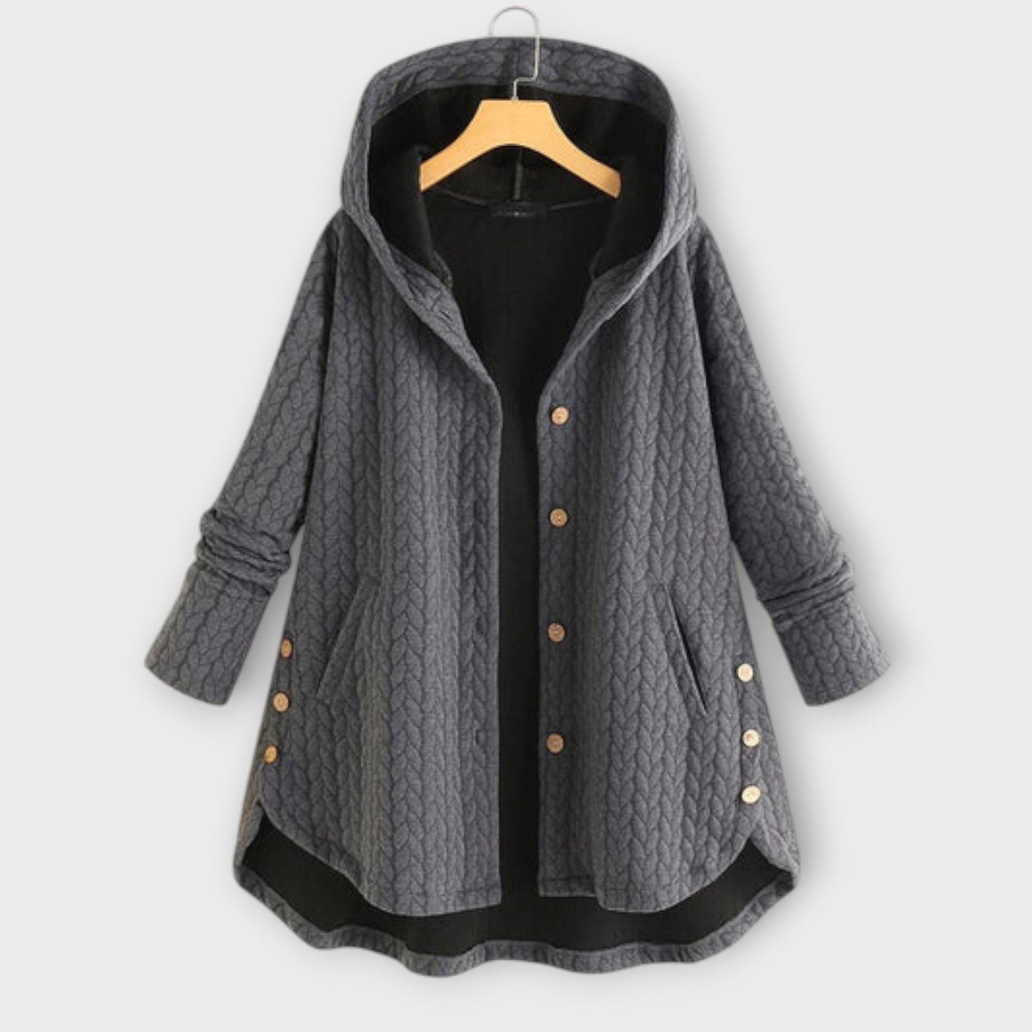 Leslie - Schwarze warme Button-Up-Jacke mit Kapuze