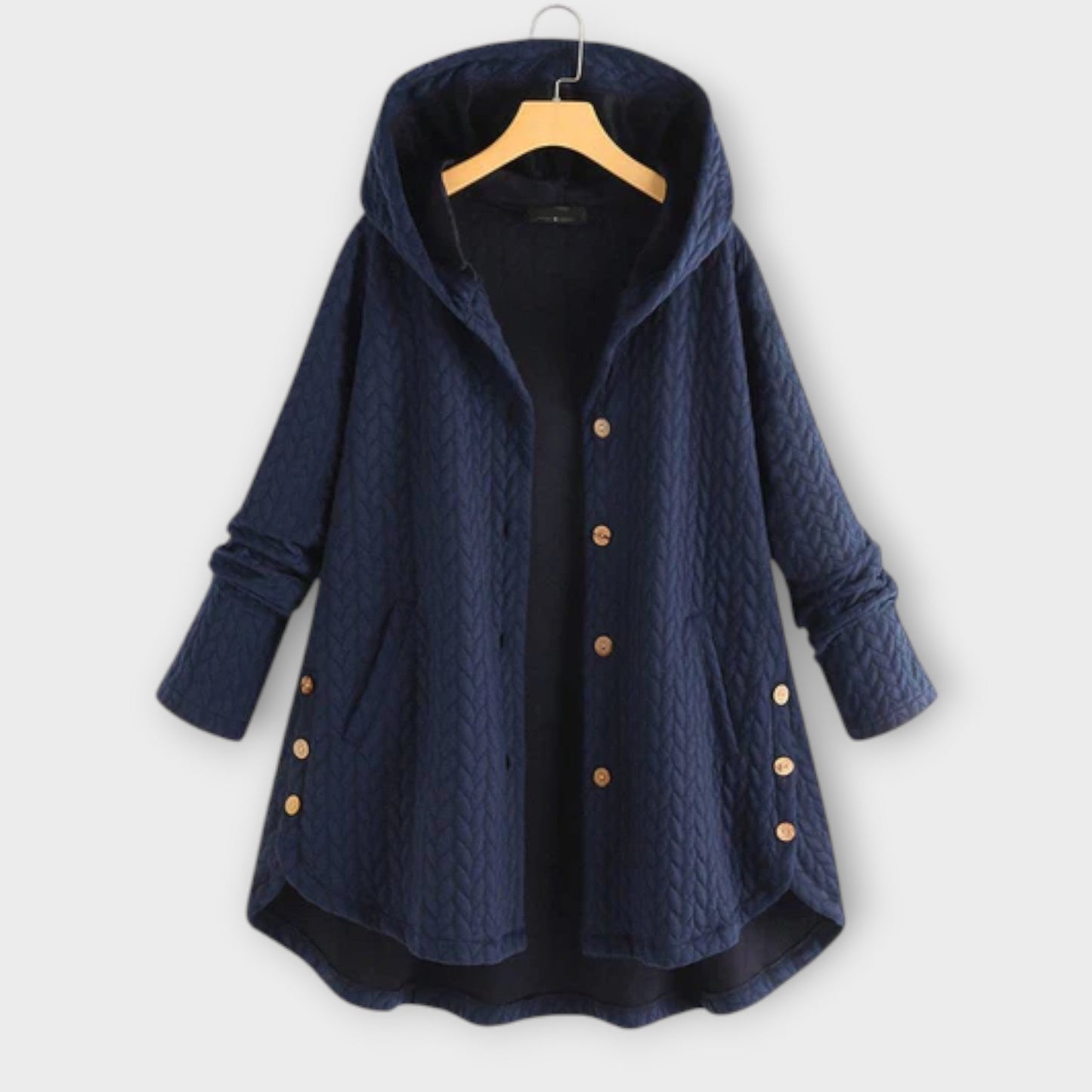 Leslie - Schwarze warme Button-Up-Jacke mit Kapuze