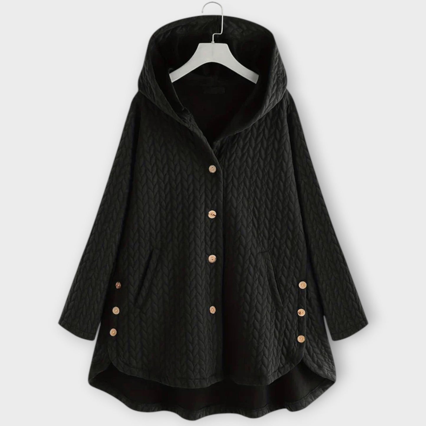 Leslie - Schwarze warme Button-Up-Jacke mit Kapuze