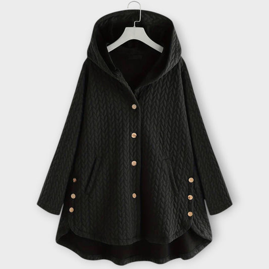 Leslie - Schwarze warme Button-Up-Jacke mit Kapuze