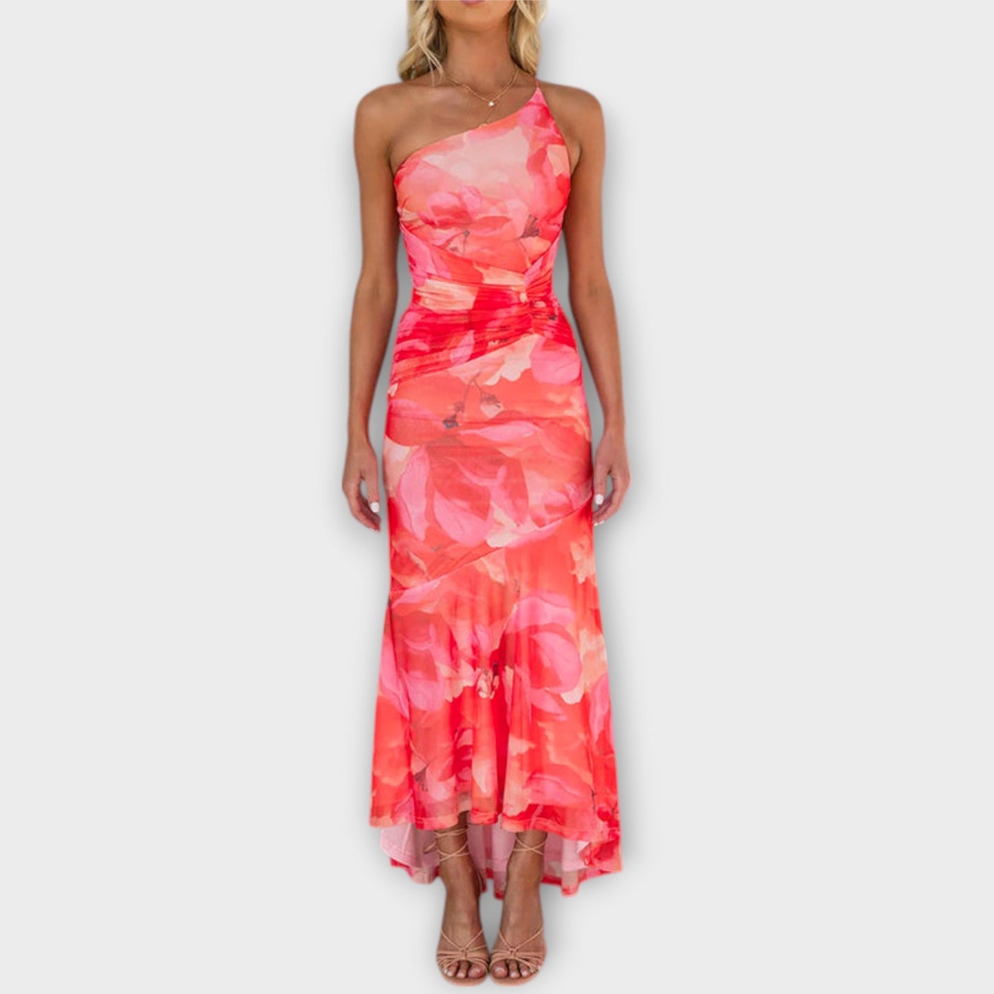 Pia - Lila Maxikleid mit Blütenmuster und Raffung