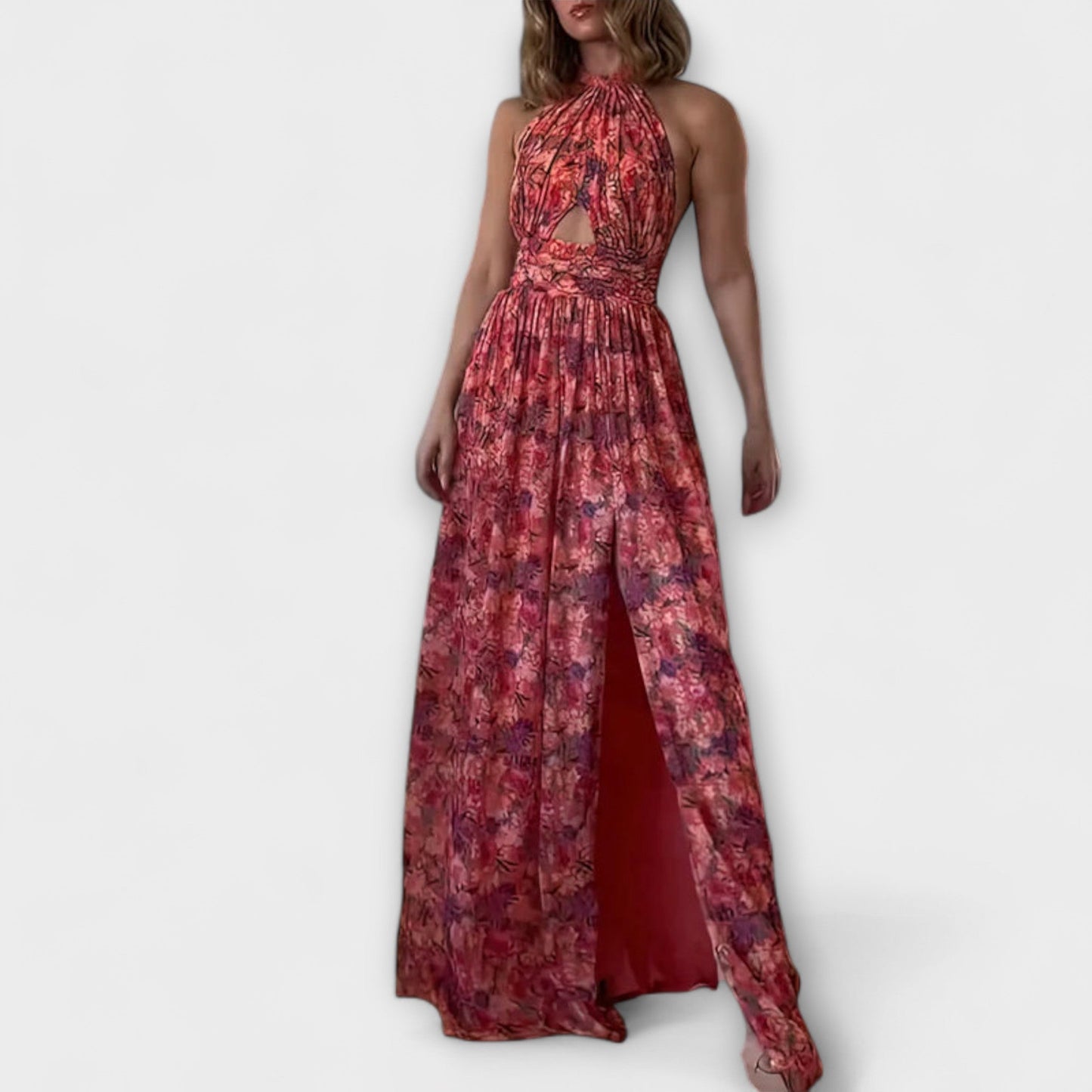 Nortrud - Rotes rückenfreies Maxikleid mit Blütenmuster
