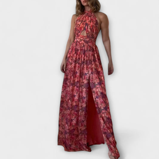 Nortrud - Rotes rückenfreies Maxikleid mit Blütenmuster