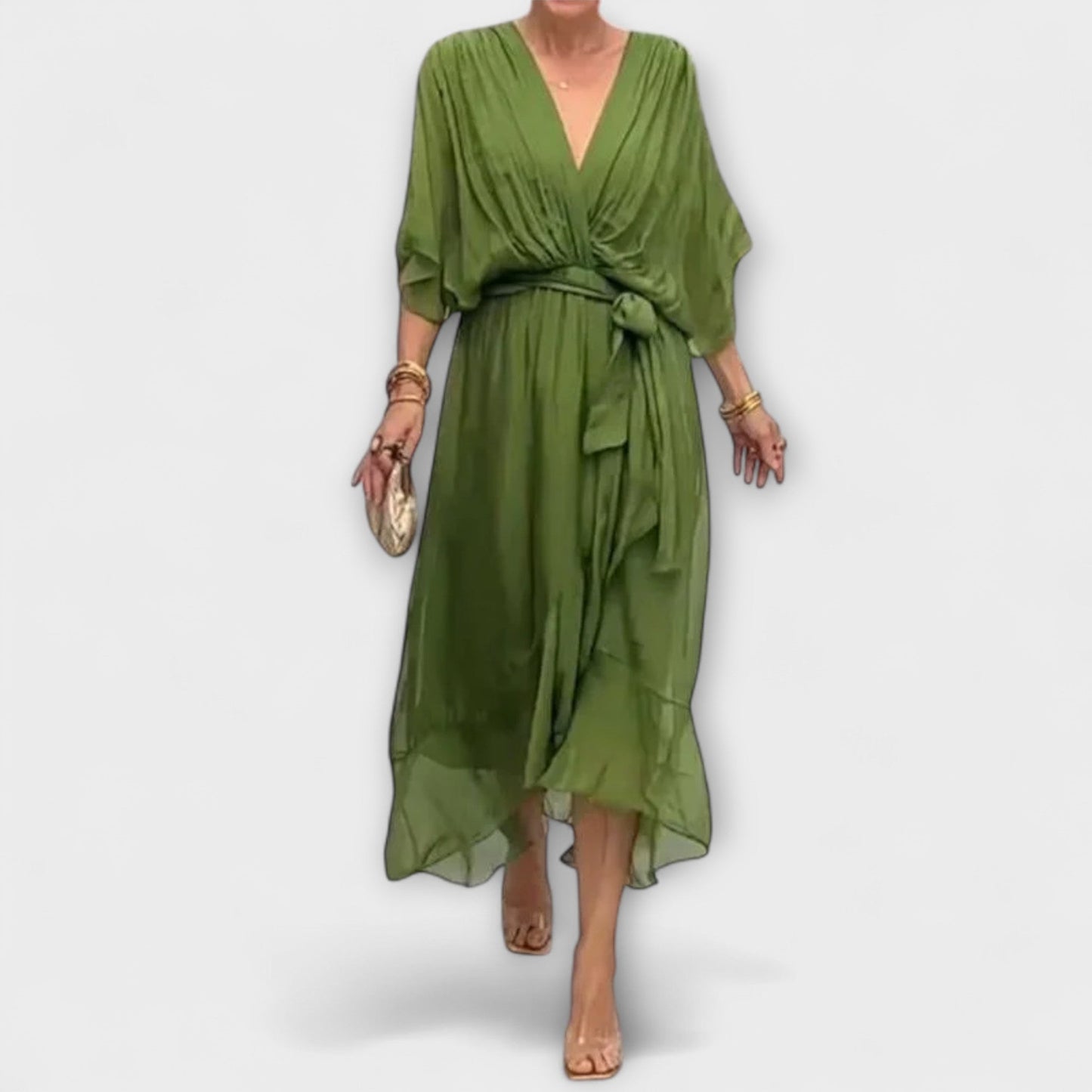 Amoura | Olivgrünes Chiffonkleid mit V-Ausschnitt