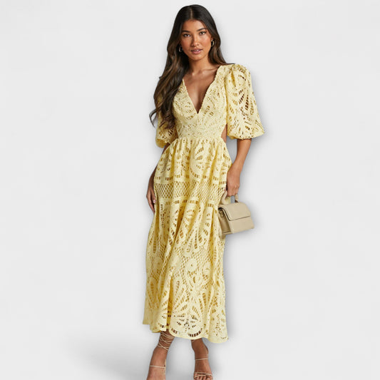Vanessa | Gelbes Kleid mit Spitzenärmeln