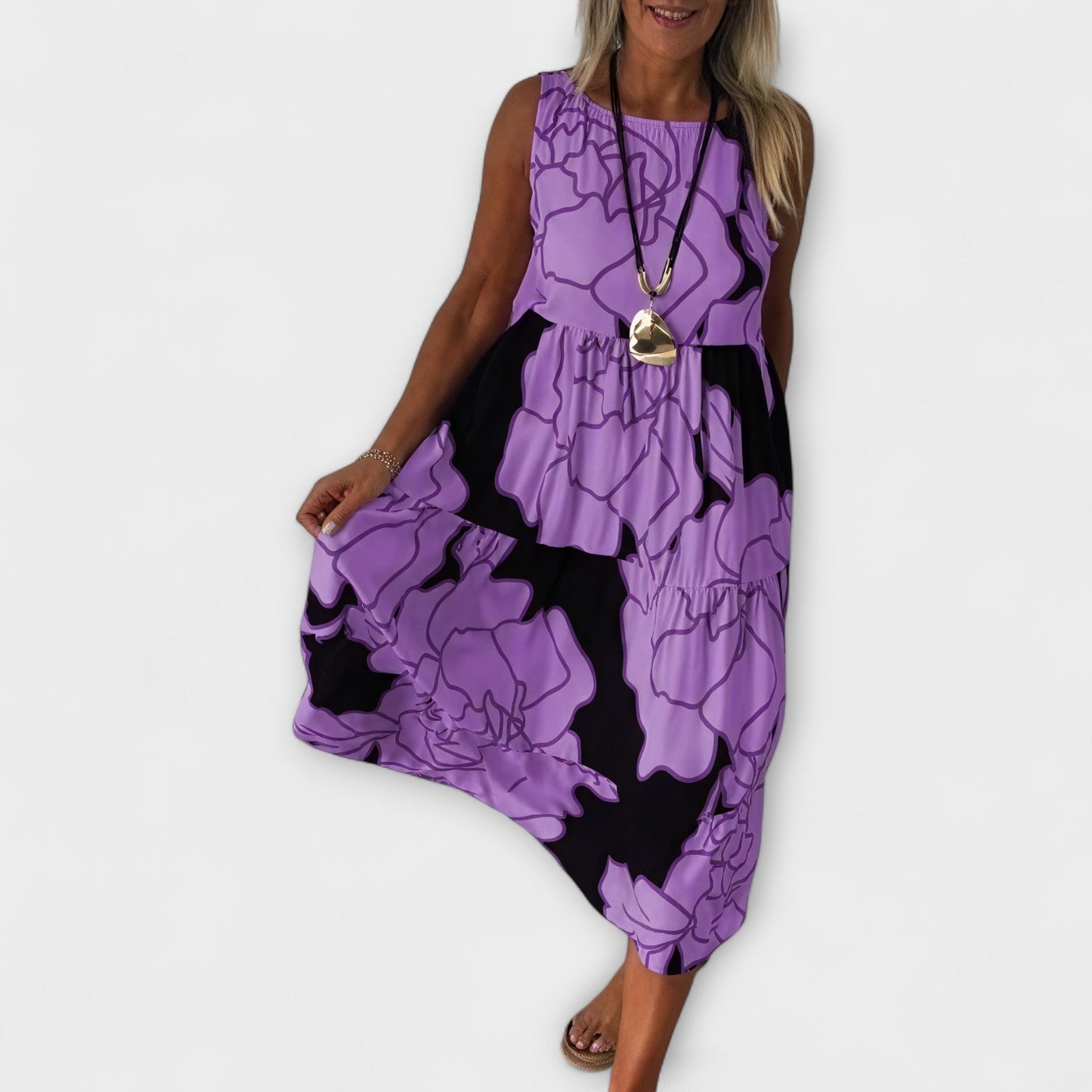 Geblümtes Midi-Kleid mit Stufenrock