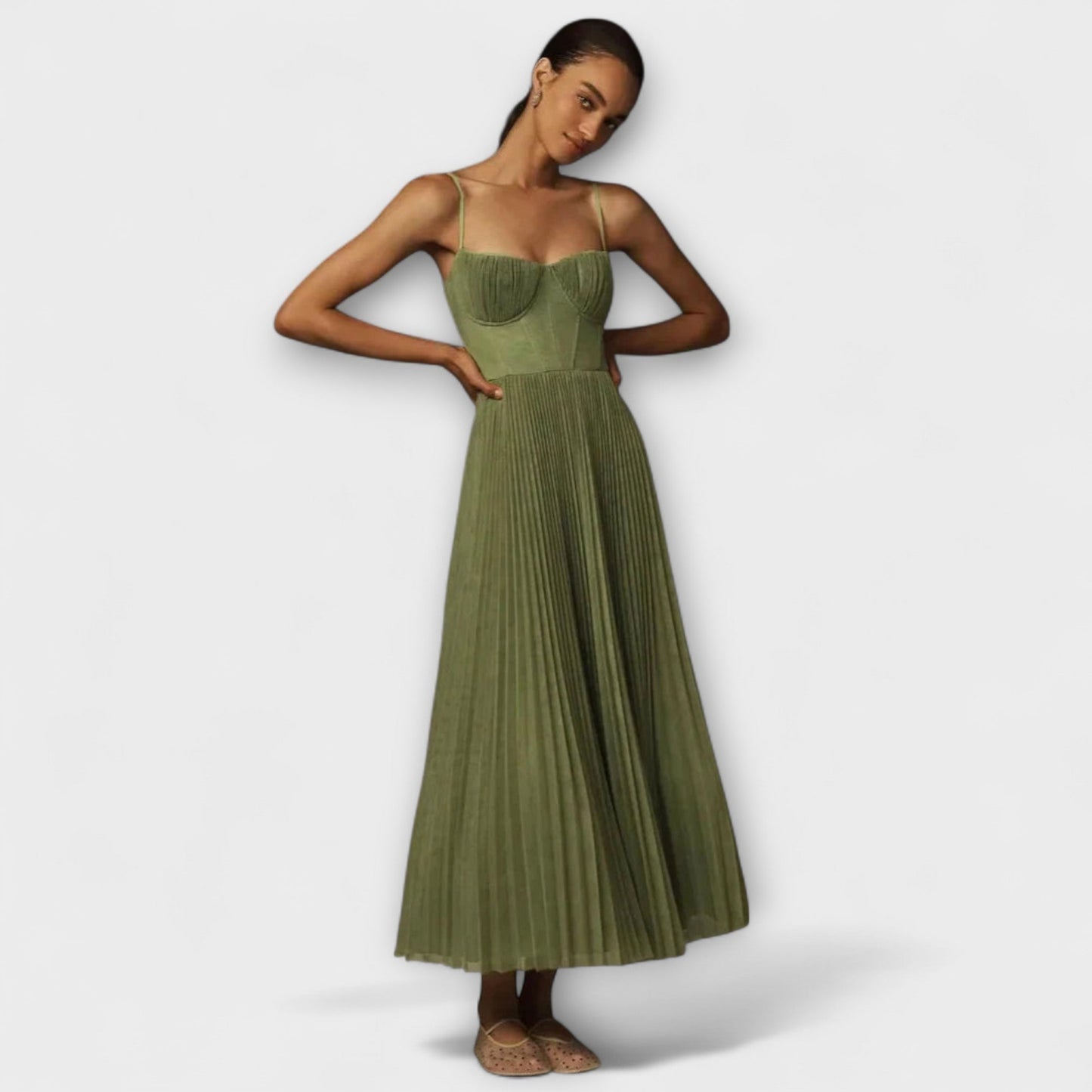 Marilyn - Olivgrünes Midikleid mit Bustier und Plissee