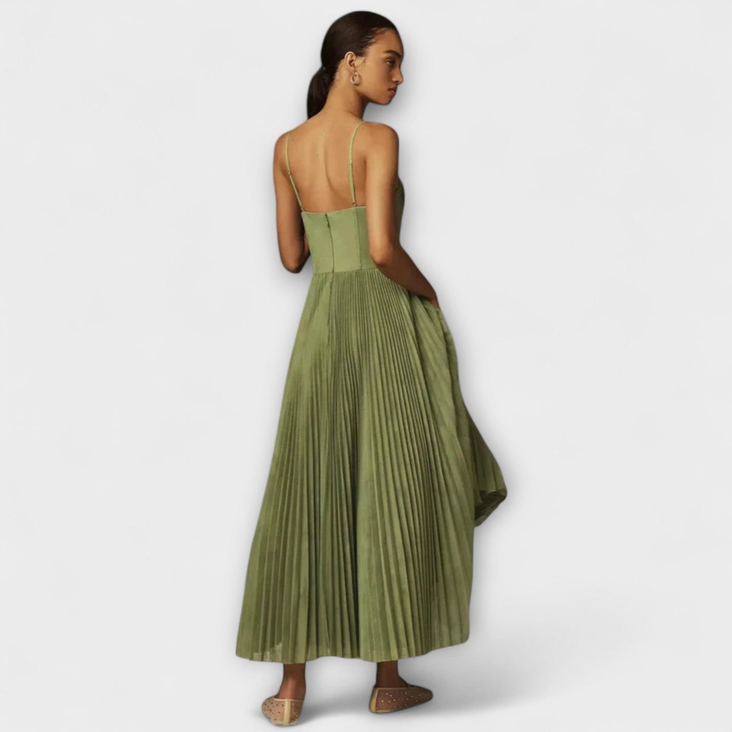 Marilyn - Olivgrünes Midikleid mit Bustier und Plissee