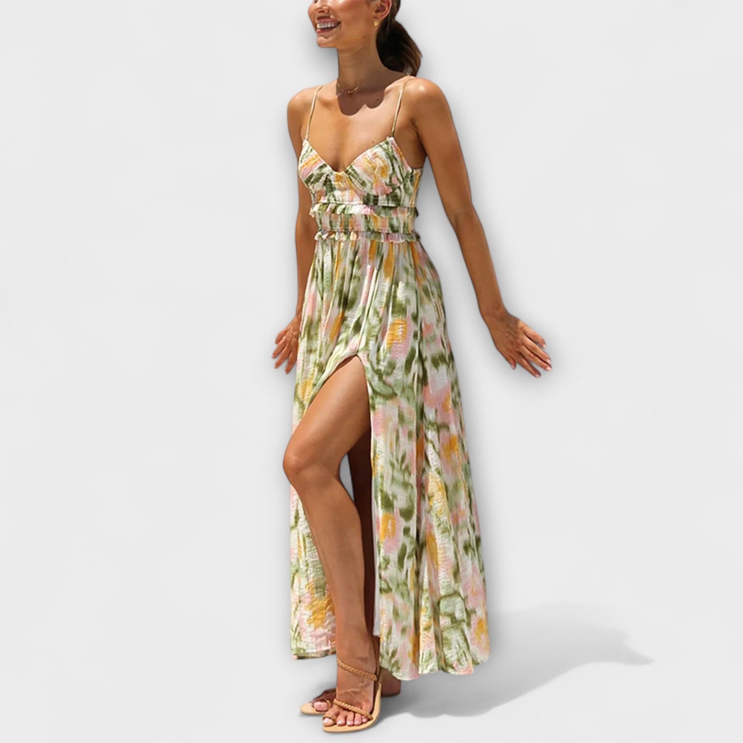 Annalise | Buntes bedrucktes Maxikleid mit Schlitz