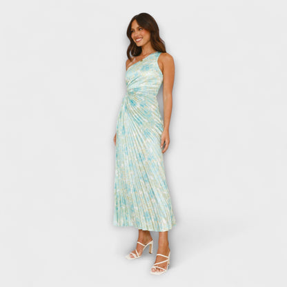 Sienna - Blaues Maxikleid mit Cut-Out und Aquarellmuster