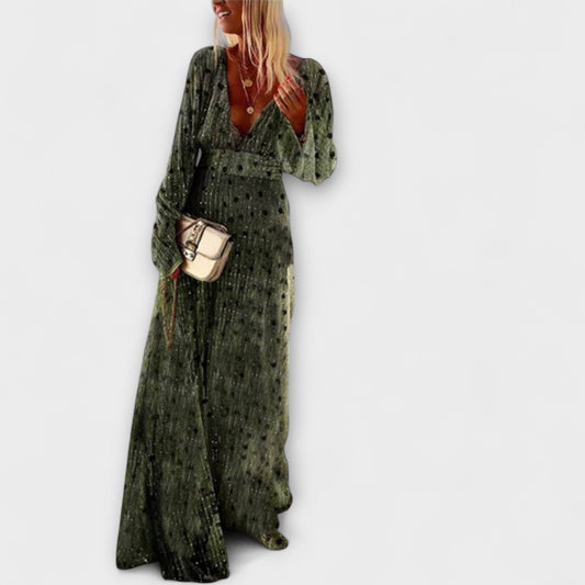 Evelyn | Olivgrünes Maxikleid mit Polka-Dot-Print