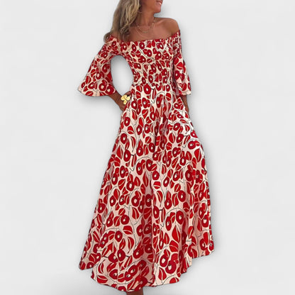 Bella | Rotes Off-Shoulder-Kleid mit Blütenmuster