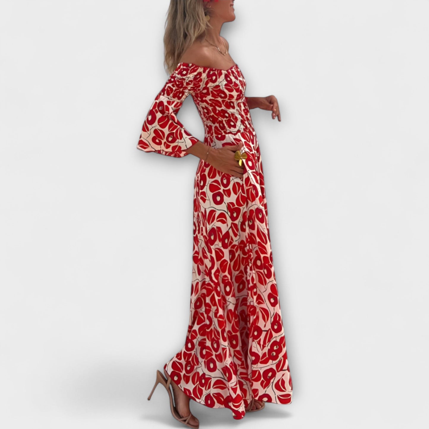 Bella | Rotes Off-Shoulder-Kleid mit Blütenmuster