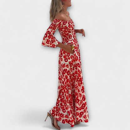 Bella | Rotes Off-Shoulder-Kleid mit Blütenmuster