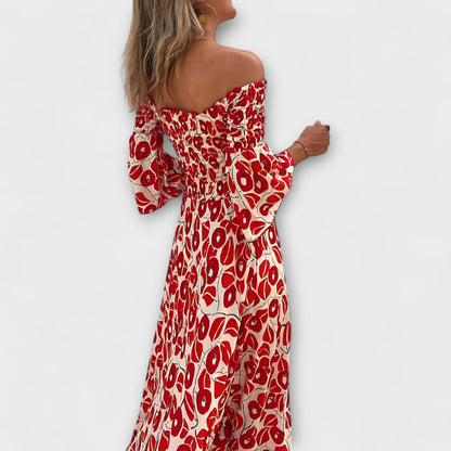 Bella | Rotes Off-Shoulder-Kleid mit Blütenmuster