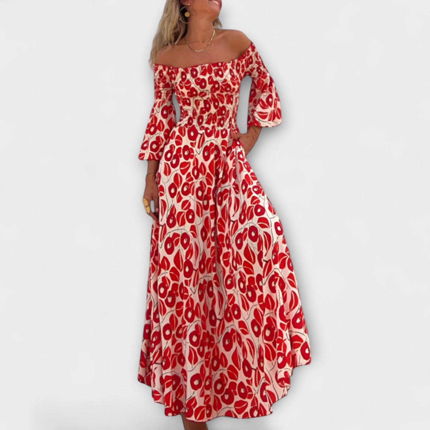 Bella | Rotes Off-Shoulder-Kleid mit Blütenmuster
