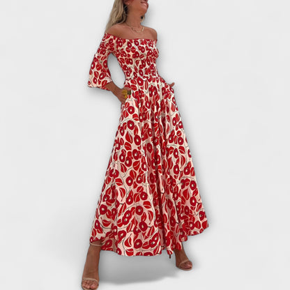 Bella | Rotes Off-Shoulder-Kleid mit Blütenmuster