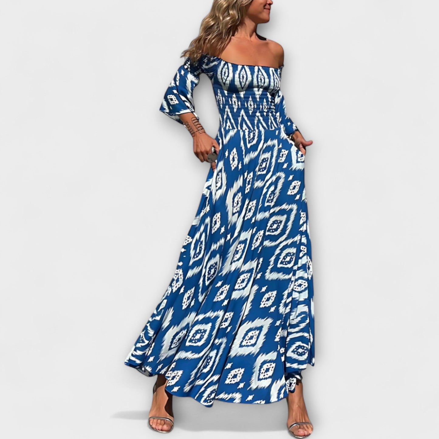 Bella | Rotes Off-Shoulder-Kleid mit Blütenmuster