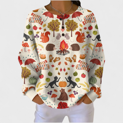 Alma | Cremefarbener Pullover mit herbstlichem Waldmotiv