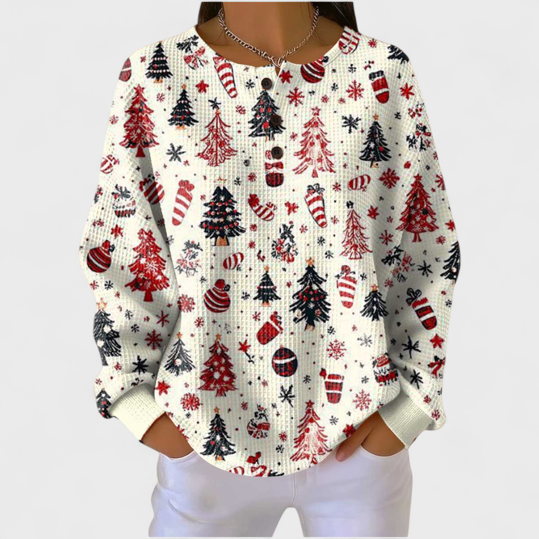 Anna | Cremefarbener Pullover mit Weihnachtsbaum-Muster