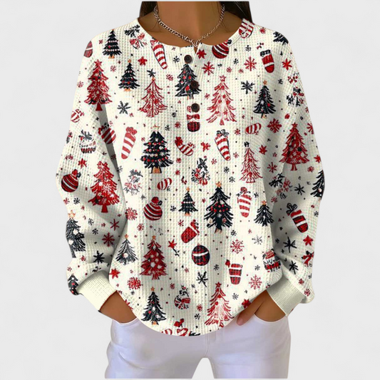 Anna | Cremefarbener Pullover mit Weihnachtsbaum-Muster