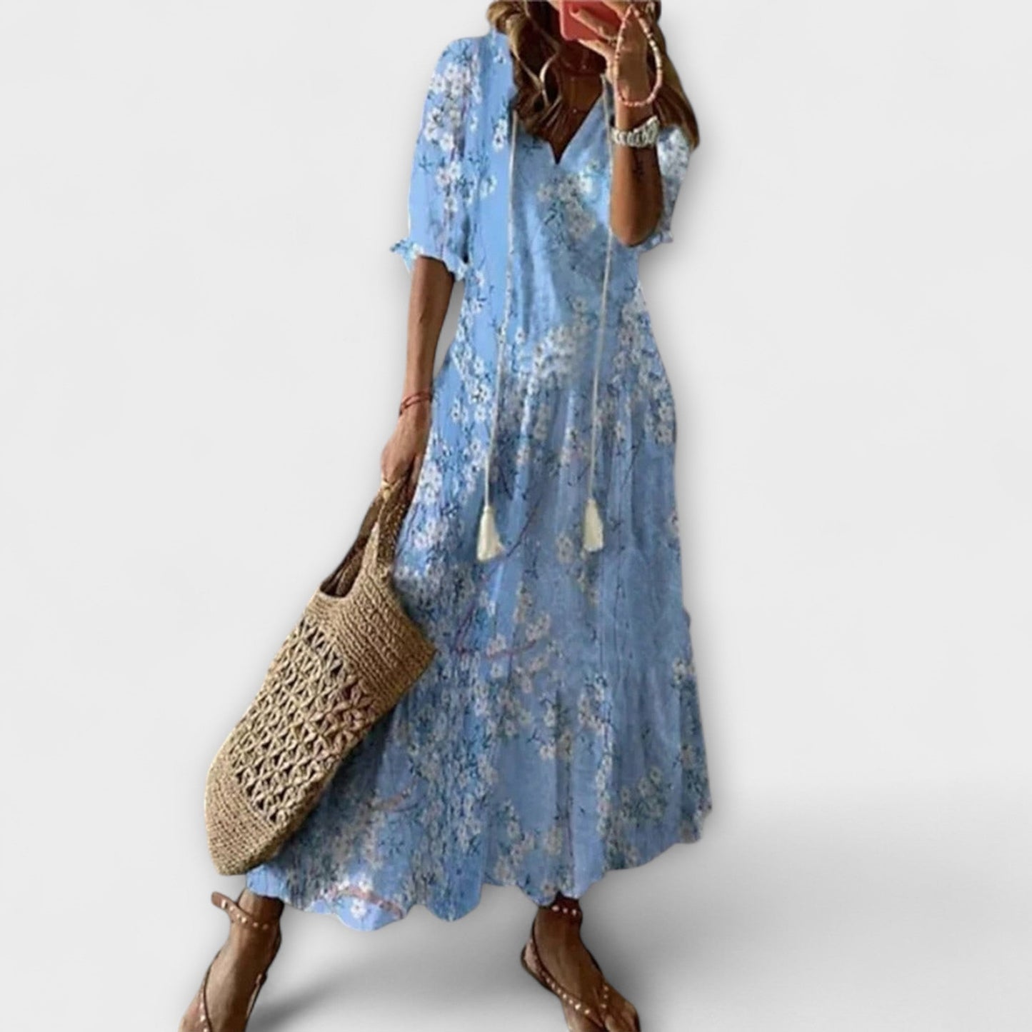 Anna | Cremefarbenes Boho-Sommerkleid mit Blütenmuster