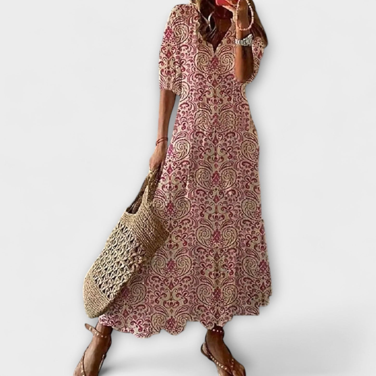 Anna | Cremefarbenes Boho-Sommerkleid mit Blütenmuster