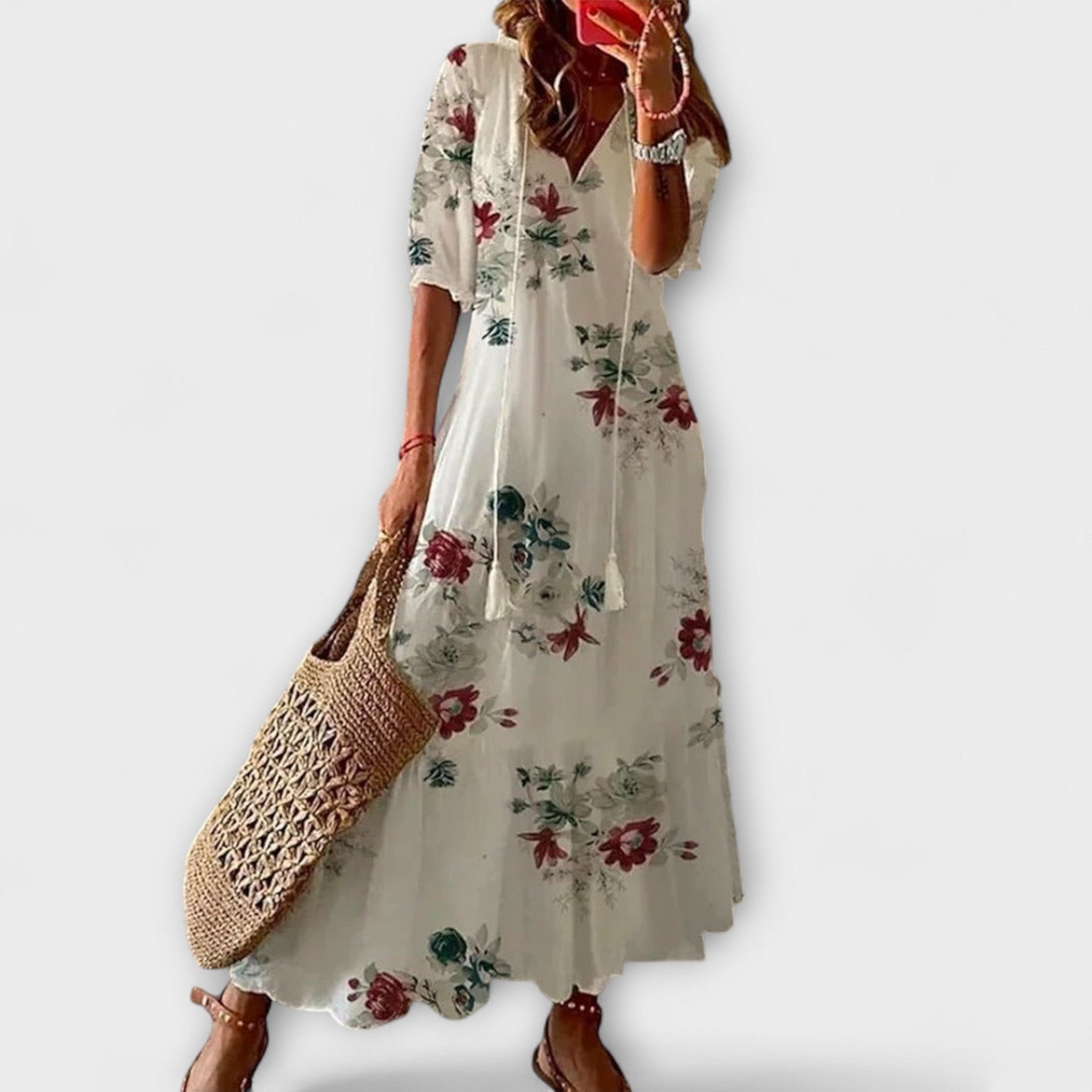 Anna | Cremefarbenes Boho-Sommerkleid mit Blütenmuster
