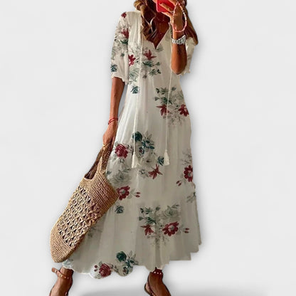 Anna | Cremefarbenes Boho-Sommerkleid mit Blütenmuster