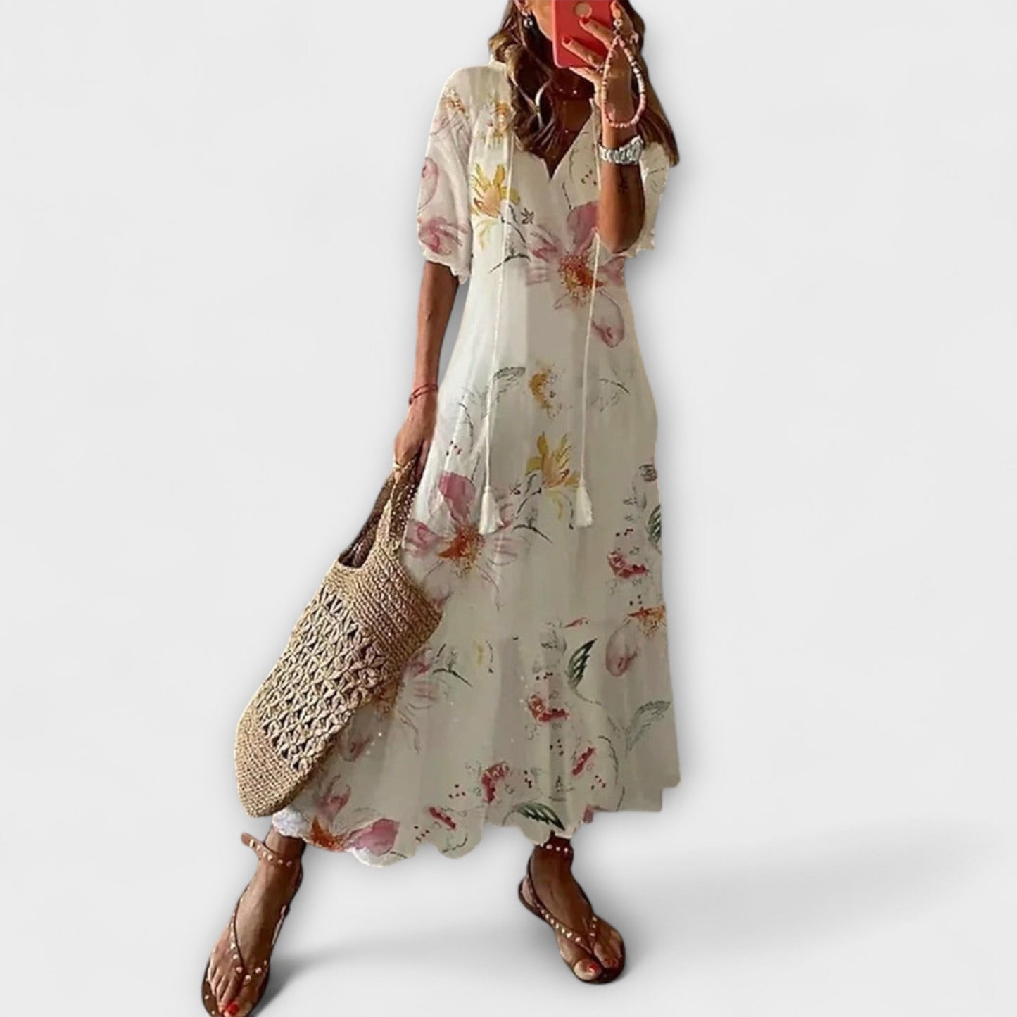 Anna | Cremefarbenes Boho-Sommerkleid mit Blütenmuster