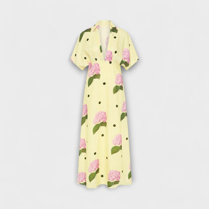 Liselotte - Hellgelbes Langes Kleid mit Hortensienmuster